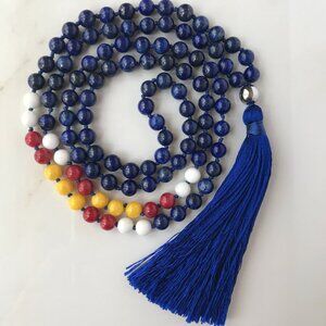 COLORADO MALA LAPIS, WHITE JADE, RED JADE & YELLOW JADE MALA WITH BLUE TASSLE
